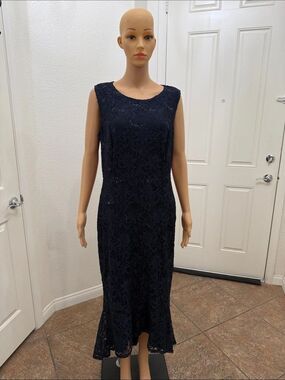 Alex B Nites Sz 14W Elegant Navy Blue Lace Long Midi Dress Sleeveless High Low